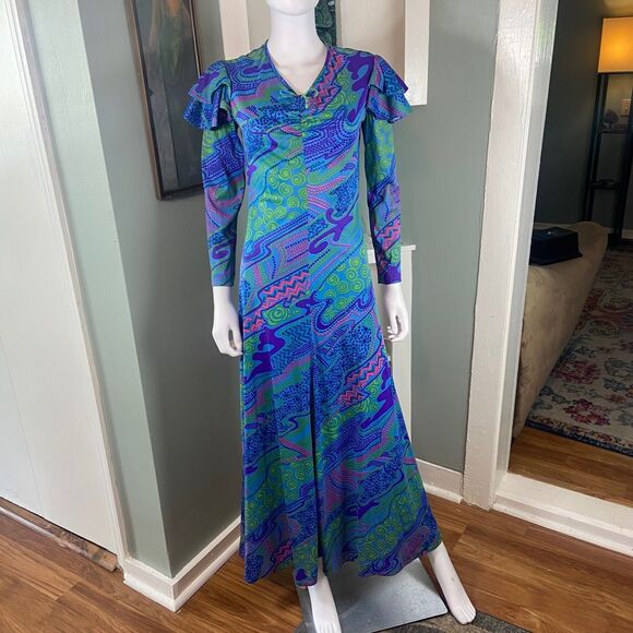 Vintage 70s Gay Gibson Psychedelic Ruffle Flutter Sleeve Maxi Dress Abstract S/M - Picture 2 of 15